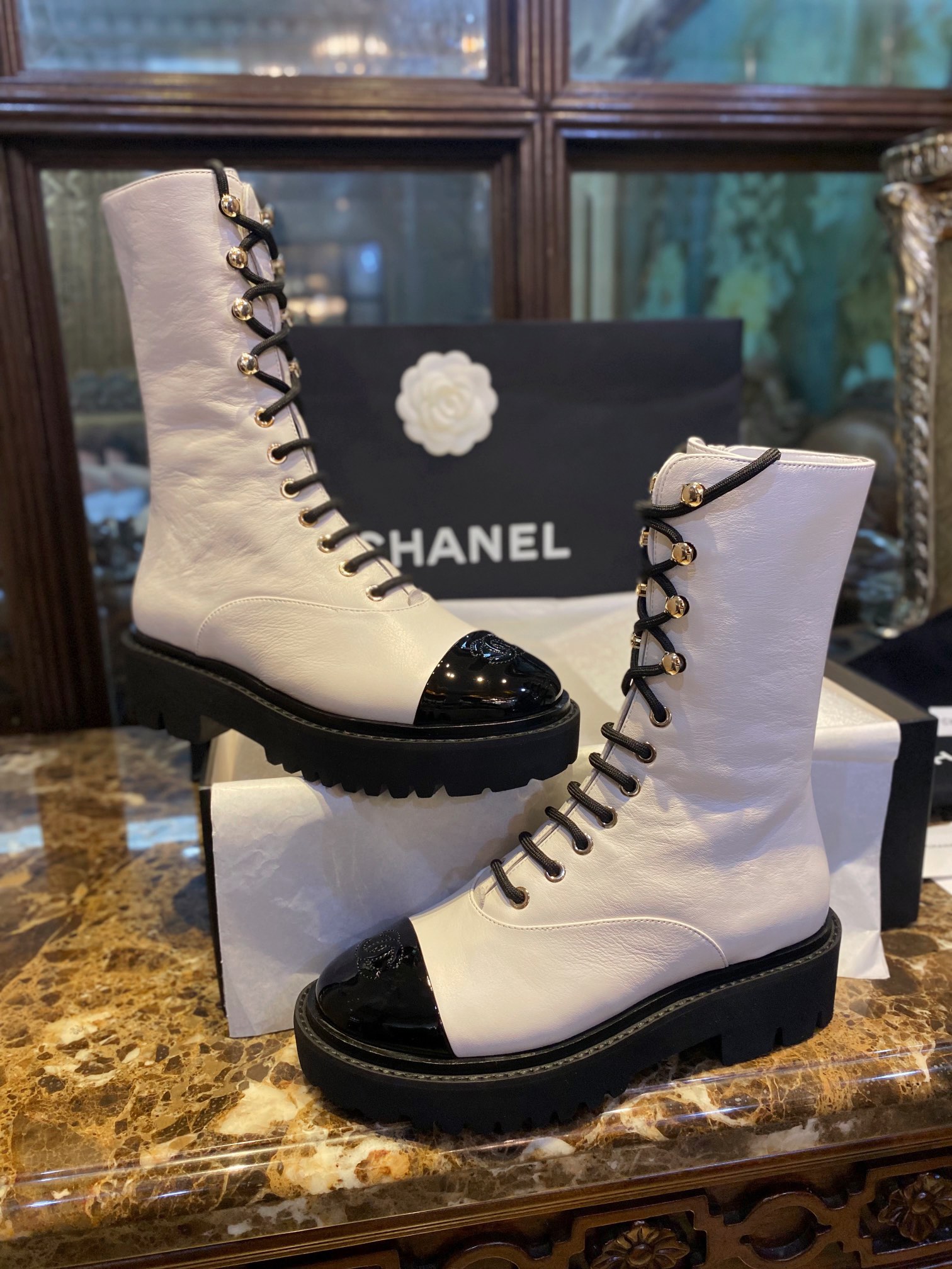 Chanel 23C Lace-Up Mid-Calf Martin Boots: Crafted from Milk White Calfskin, with Durable Suede Outsole and Genuine Leather Trim,The 4.5cm Heel Visually Shapes the Legs,