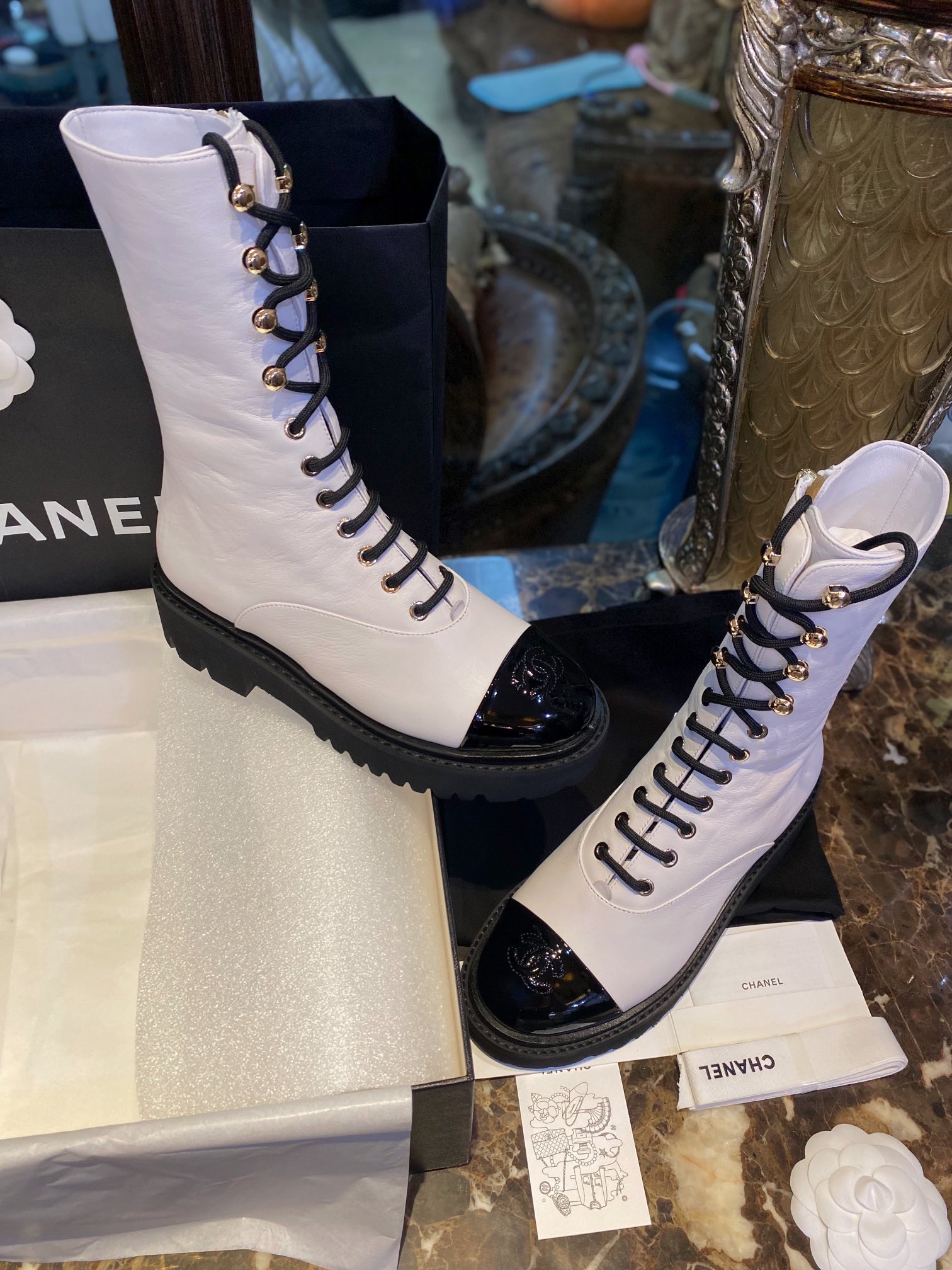 Chanel 23C Lace-Up Mid-Calf Martin Boots: Crafted from Milk White Calfskin, with Durable Suede Outsole and Genuine Leather Trim,The 4.5cm Heel Visually Shapes the Legs,