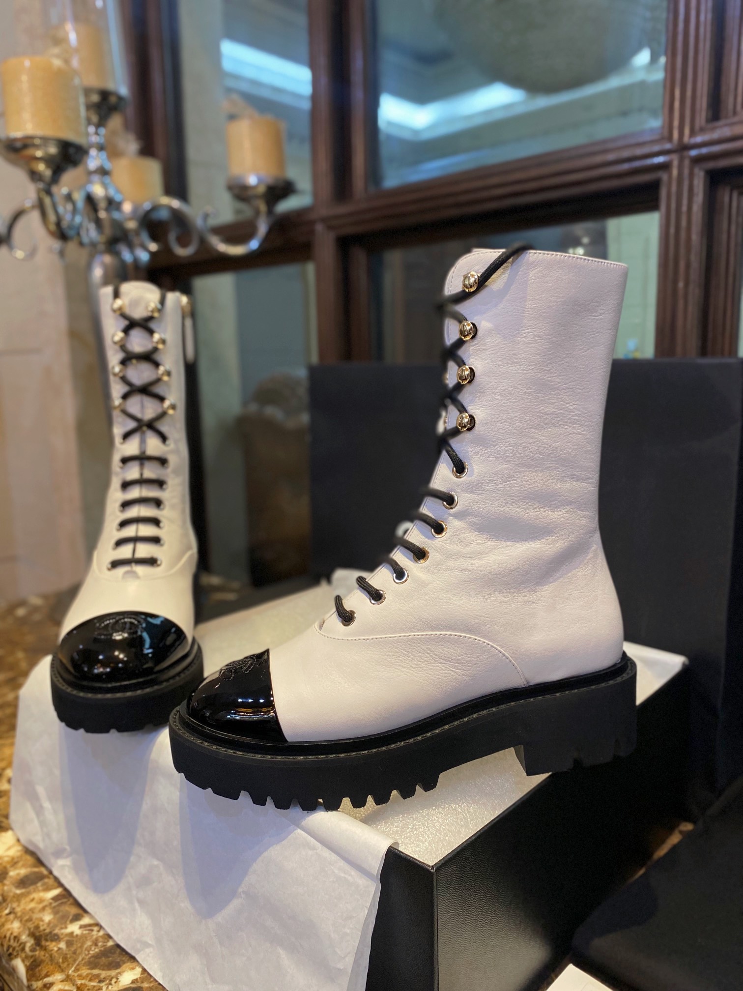 Chanel 23C Lace-Up Mid-Calf Martin Boots: Crafted from Milk White Calfskin, with Durable Suede Outsole and Genuine Leather Trim,The 4.5cm Heel Visually Shapes the Legs,