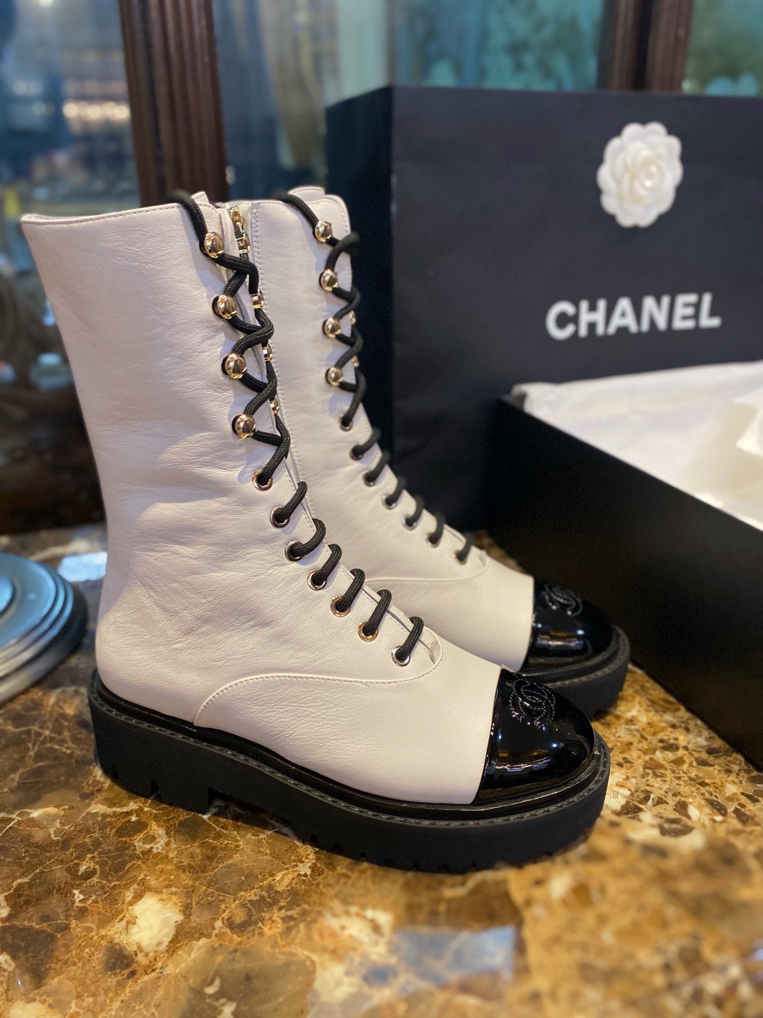 Chanel 23C Lace-Up Mid-Calf Martin Boots: Crafted from Milk White Calfskin, with Durable Suede Outsole and Genuine Leather Trim,The 4.5cm Heel Visually Shapes the Legs,