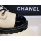 Chanel  Black and White Glossy Crinkled Calfskin Diamond-Patterned Martin Boots: Featuring Classic Sheepskin with Double C Logo Chains, Exquisitely Embroidered Toes, and a Combination of Diamond Patterns and Glossy Crinkled Calfskin