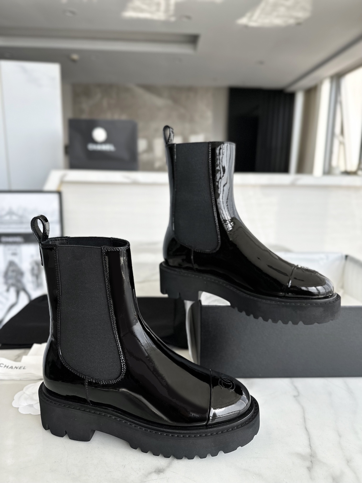 Chanel 22c Platform Chunky Sole Patent Leather Slip-On Short Boots,Ultra-Soft and Glossy Black Patent Leather