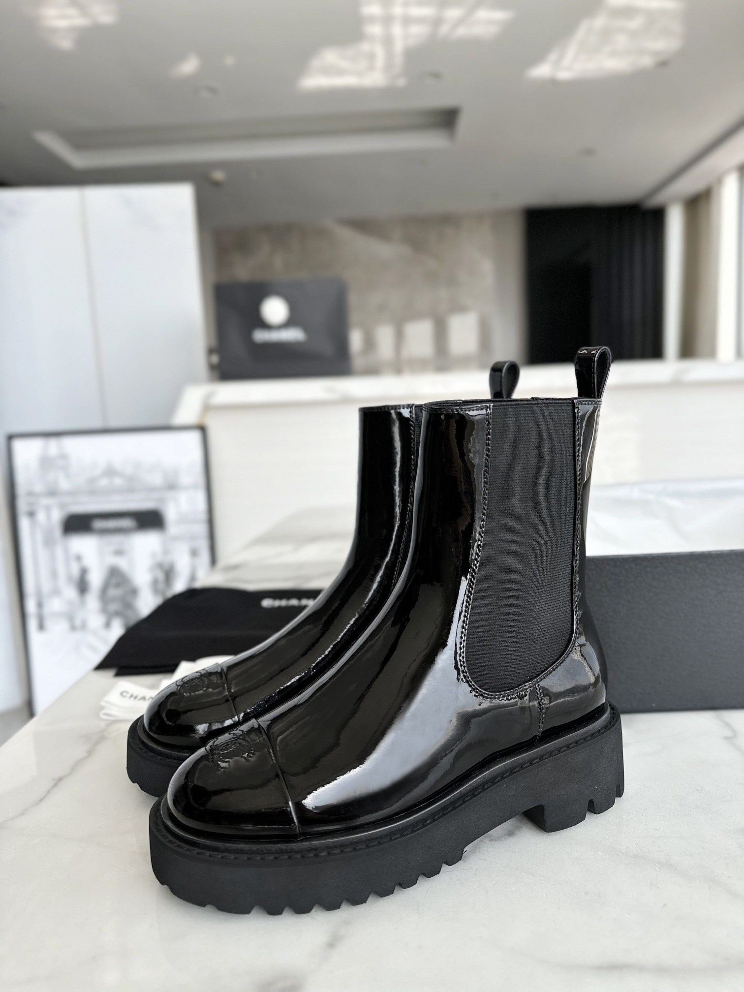 Chanel 22c Platform Chunky Sole Patent Leather Slip-On Short Boots,Ultra-Soft and Glossy Black Patent Leather