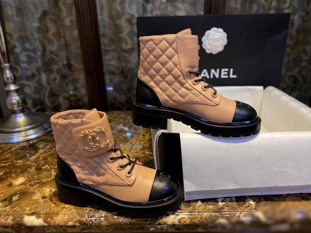 Chanel Apricot Sheepskin Diamond-Patterned Martin Boots