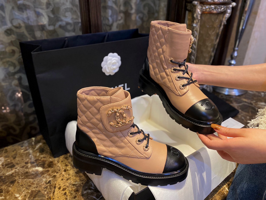 Chanel Apricot Sheepskin Diamond-Patterned Martin Boots