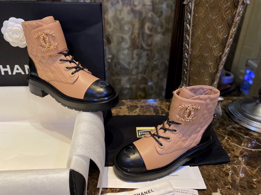 Chanel Apricot Sheepskin Diamond-Patterned Martin Boots