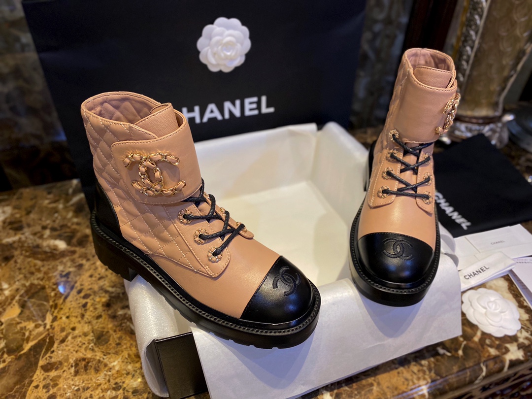 Chanel Apricot Sheepskin Diamond-Patterned Martin Boots