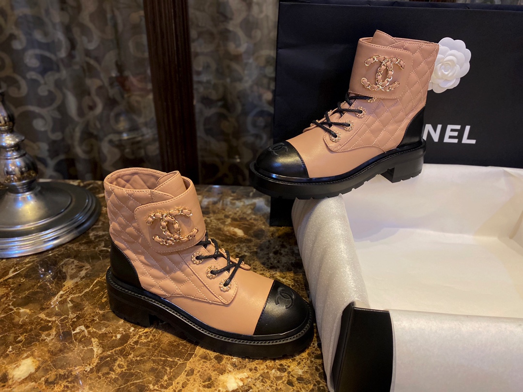 Chanel Apricot Sheepskin Diamond-Patterned Martin Boots