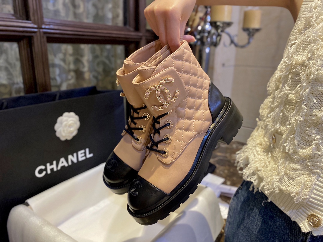 Chanel Apricot Sheepskin Diamond-Patterned Martin Boots