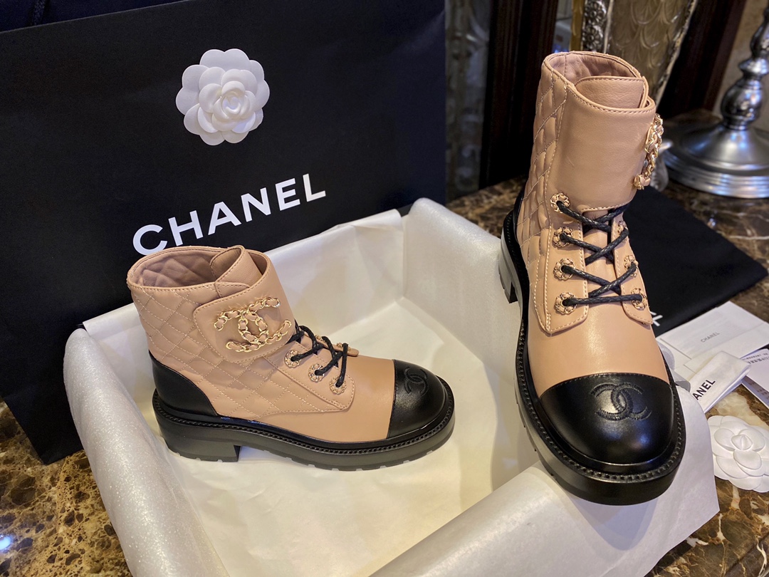 Chanel Apricot Sheepskin Diamond-Patterned Martin Boots