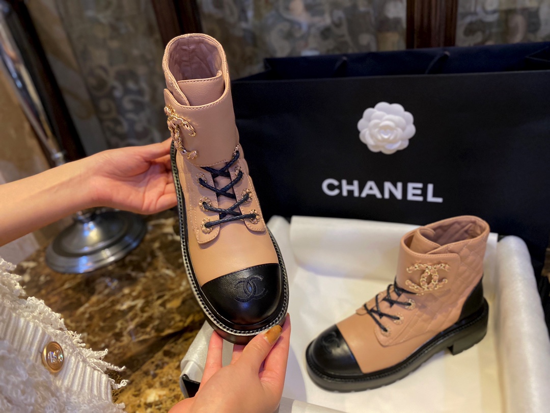 Chanel Apricot Sheepskin Diamond-Patterned Martin Boots