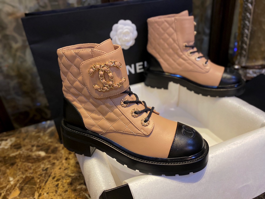 Chanel Apricot Sheepskin Diamond-Patterned Martin Boots