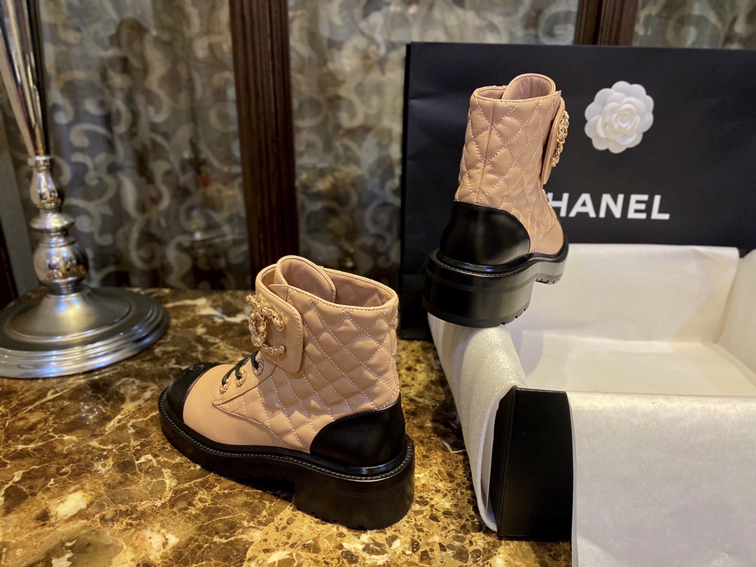 Chanel Apricot Sheepskin Diamond-Patterned Martin Boots