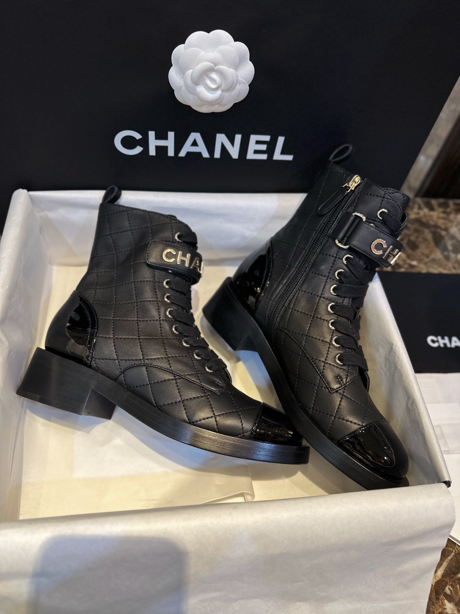 Chanel  23a  Sheepskin Letter Moto Boots