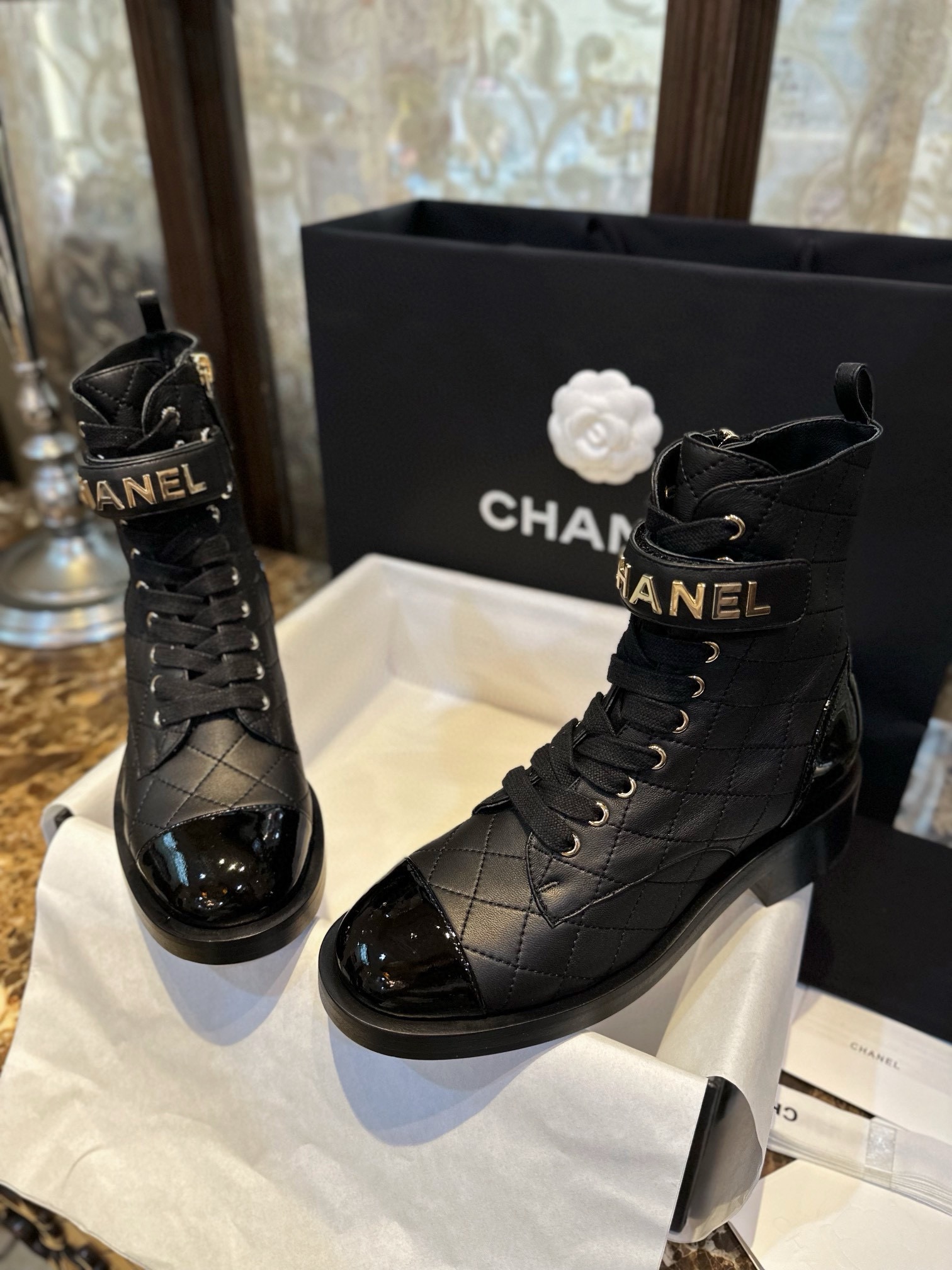 Chanel  23a  Sheepskin Letter Moto Boots