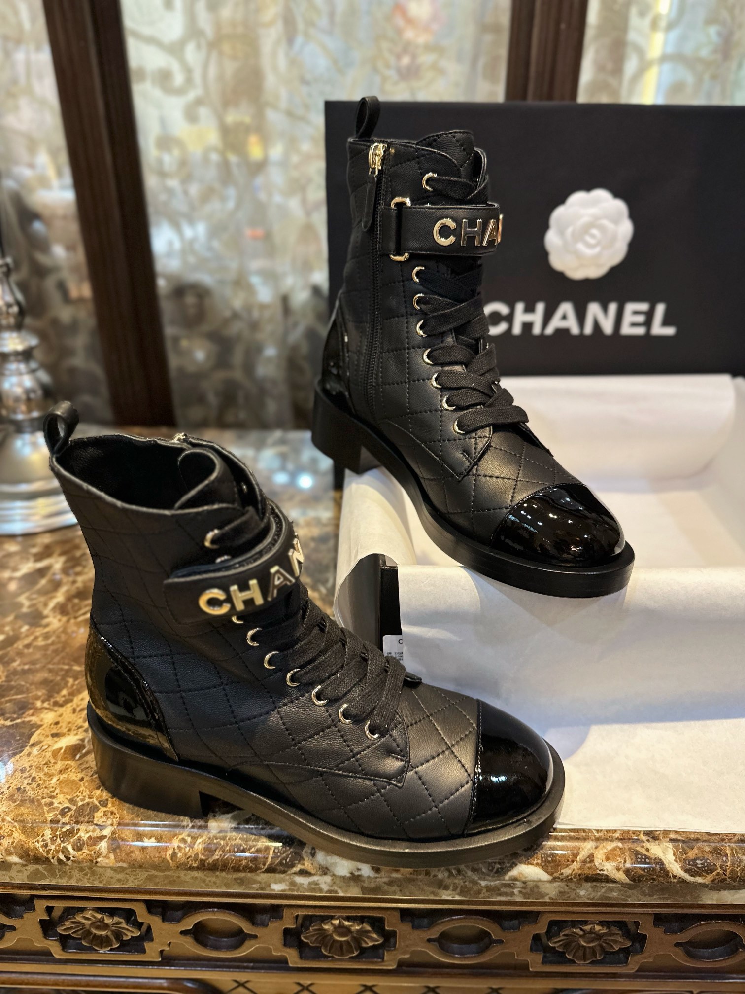 Chanel  23a  Sheepskin Letter Moto Boots