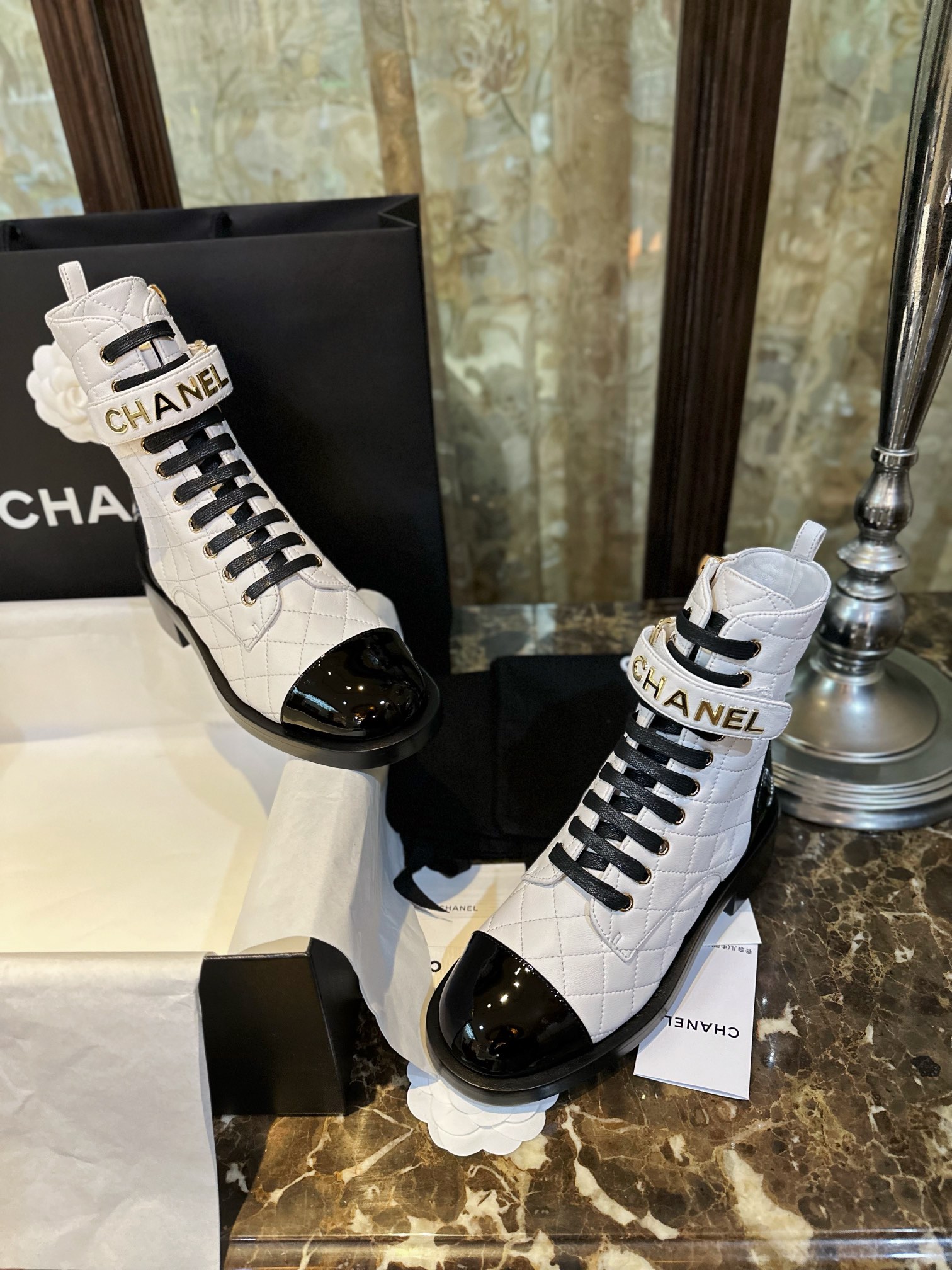 Chanel  23a Black and White Sheepskin Letter Moto Boots