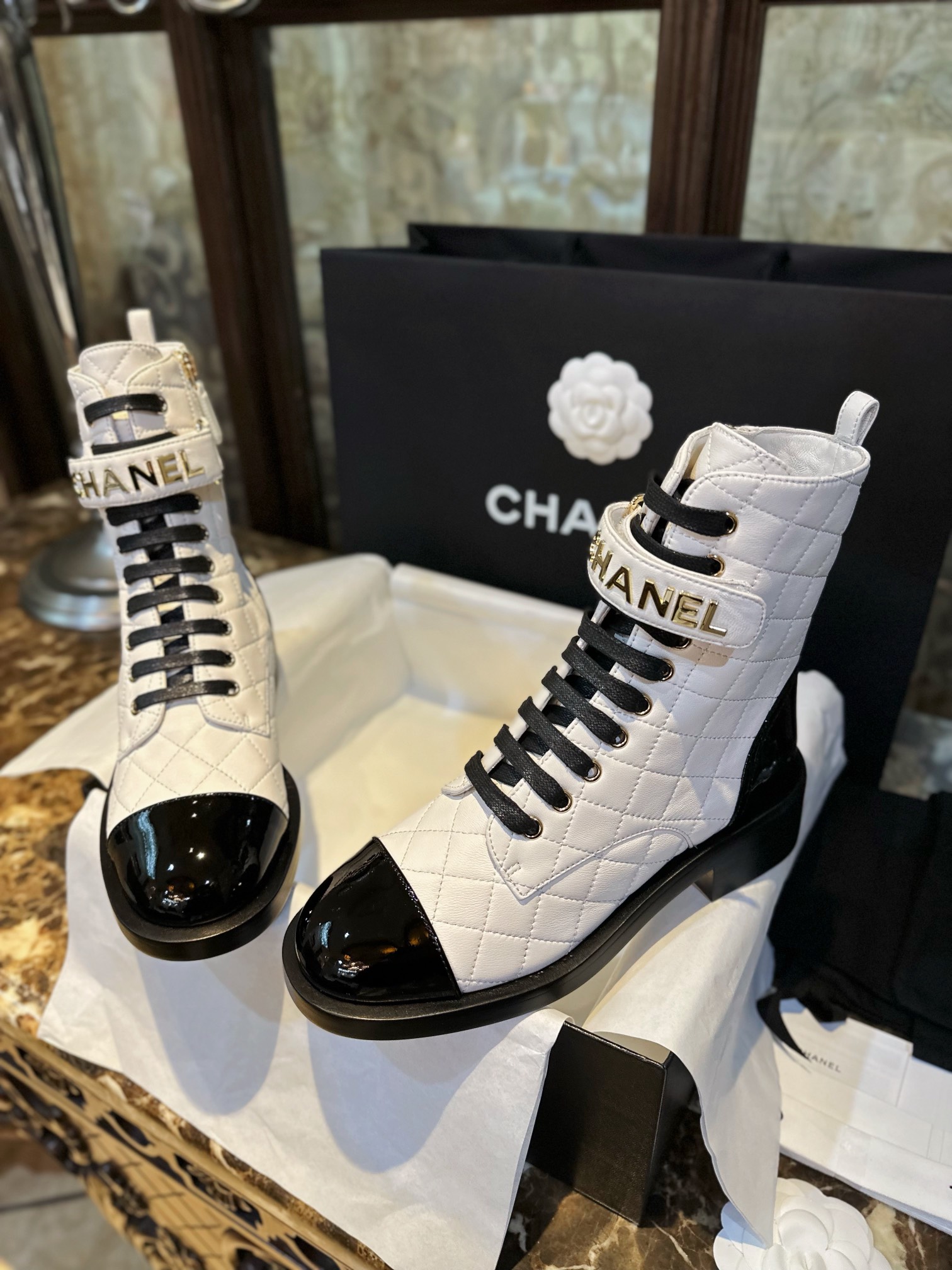 Chanel  23a Black and White Sheepskin Letter Moto Boots