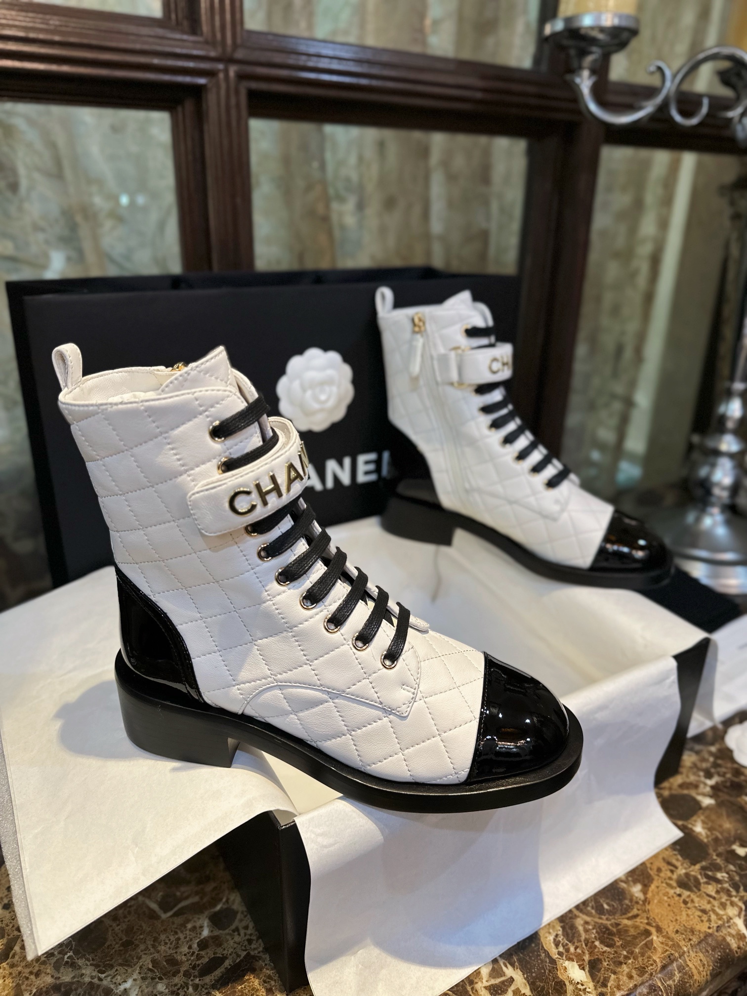 Chanel  23a Black and White Sheepskin Letter Moto Boots