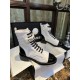 Chanel  23a Black and White Sheepskin Letter Moto Boots