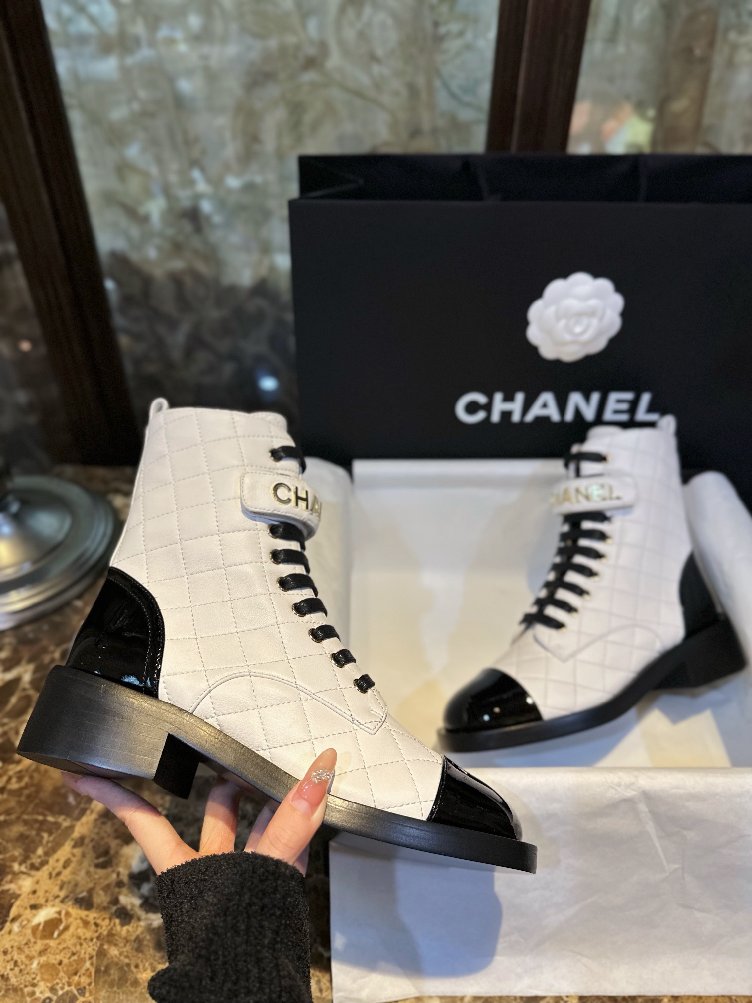 Chanel  23a Black and White Sheepskin Letter Moto Boots