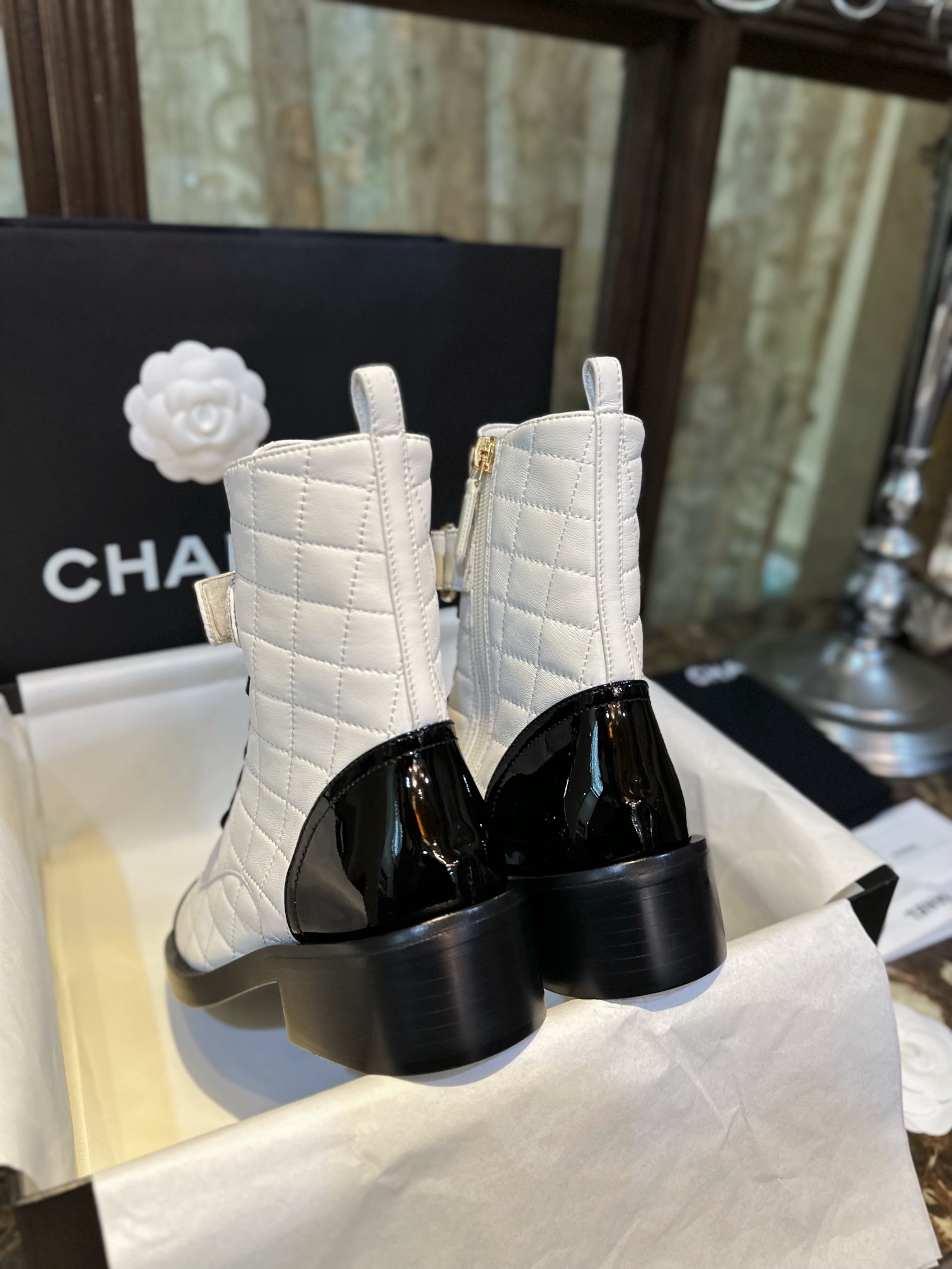 Chanel  23a Black and White Sheepskin Letter Moto Boots