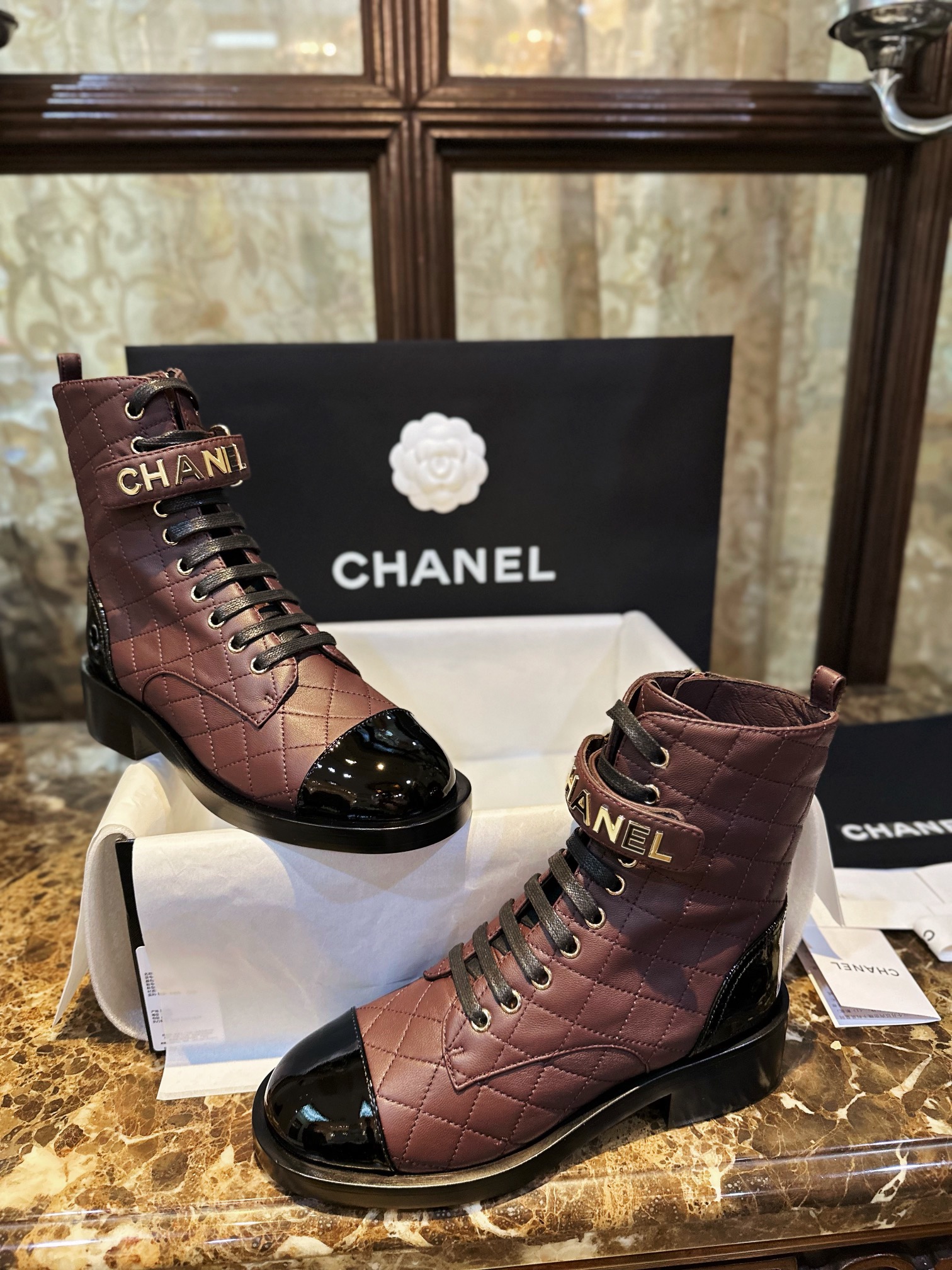 Chanel  23a Burgundy Sheepskin Letter Moto Boots