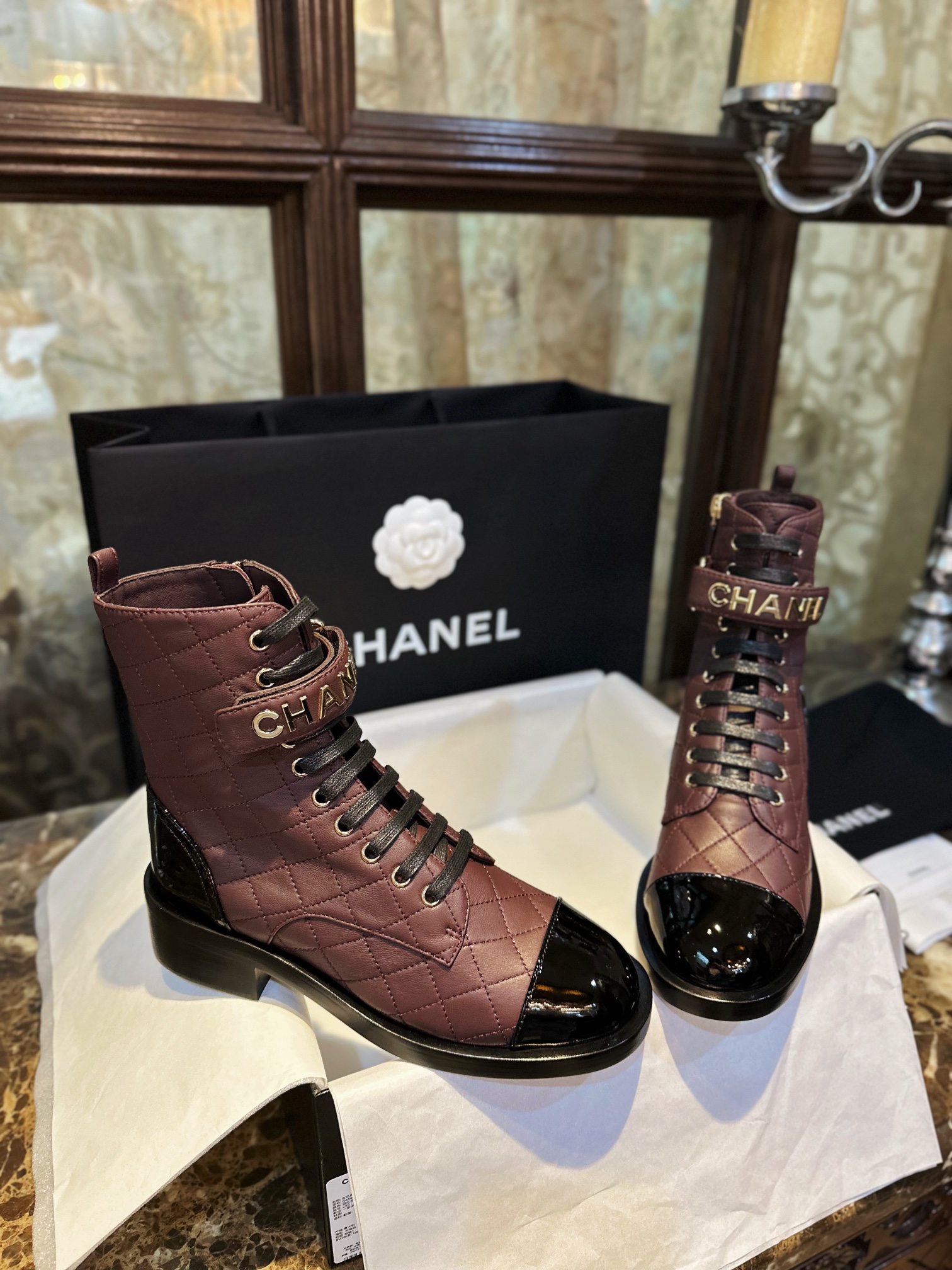 Chanel  23a Burgundy Sheepskin Letter Moto Boots