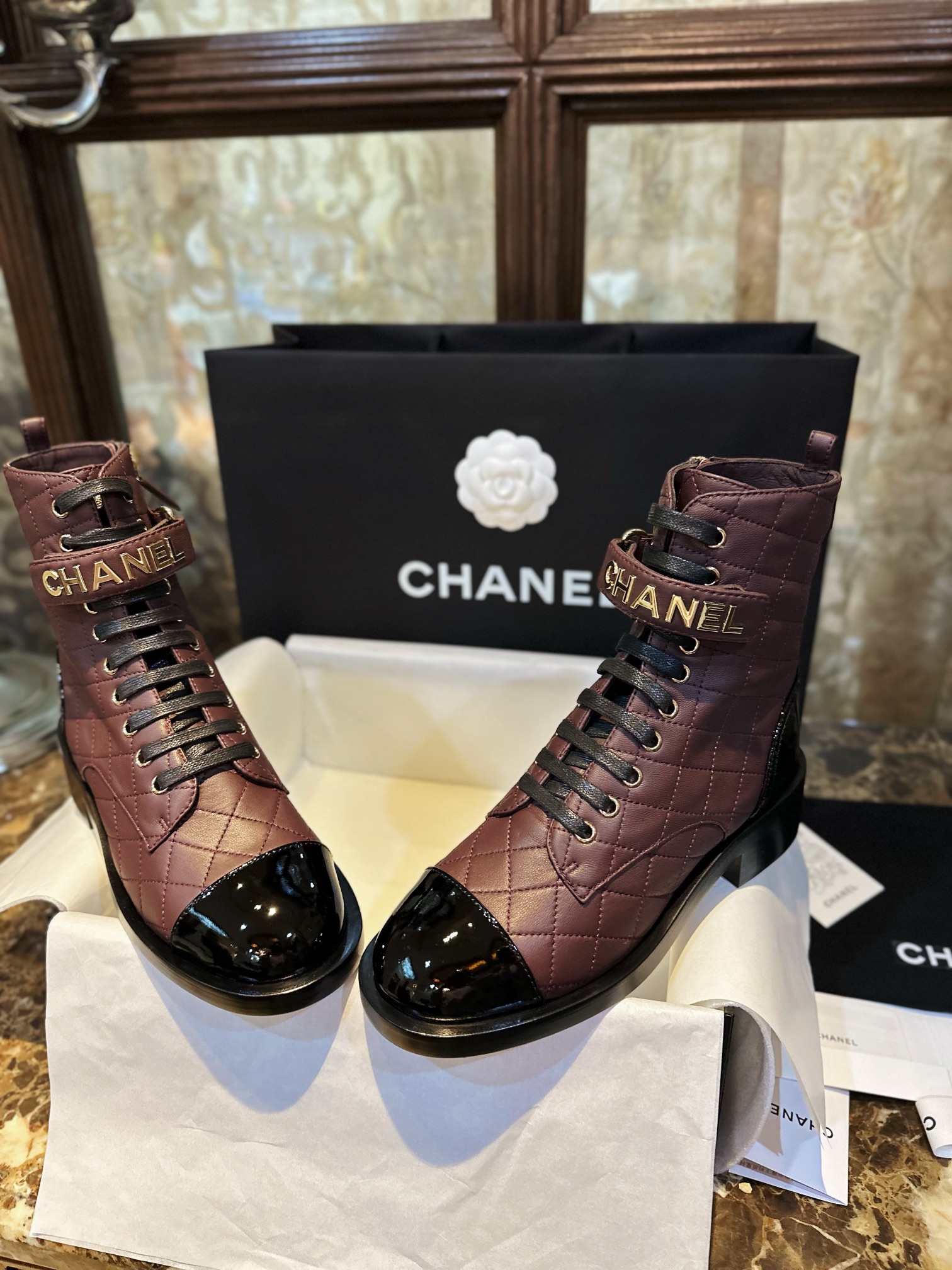 Chanel  23a Burgundy Sheepskin Letter Moto Boots