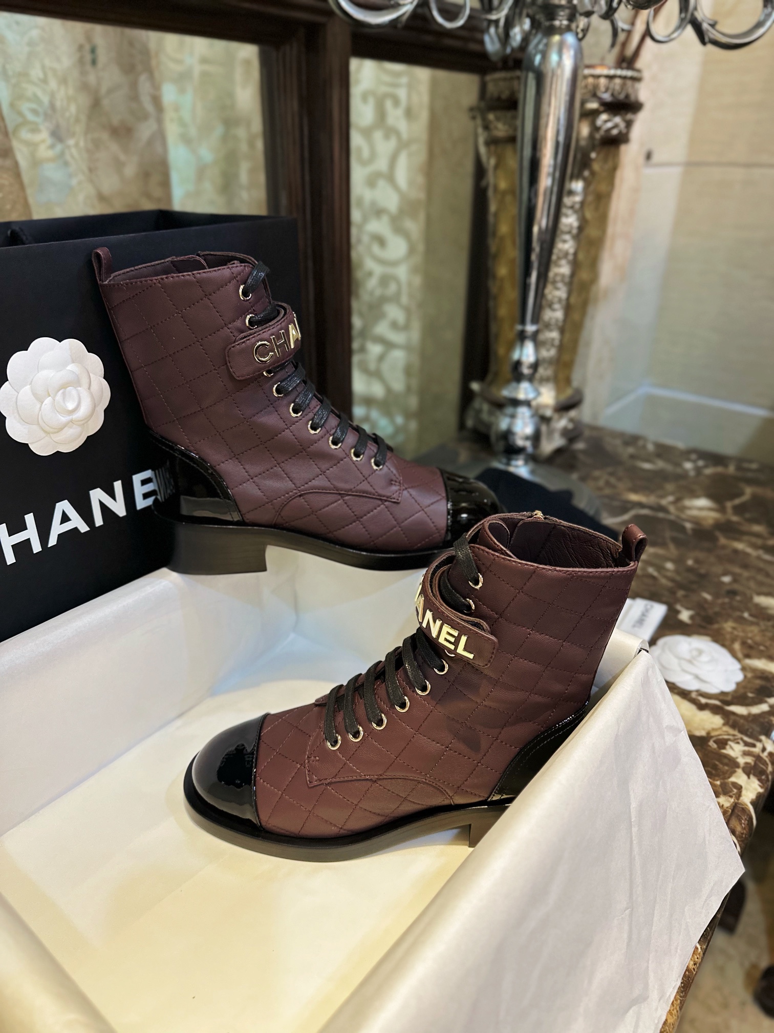 Chanel  23a Burgundy Sheepskin Letter Moto Boots