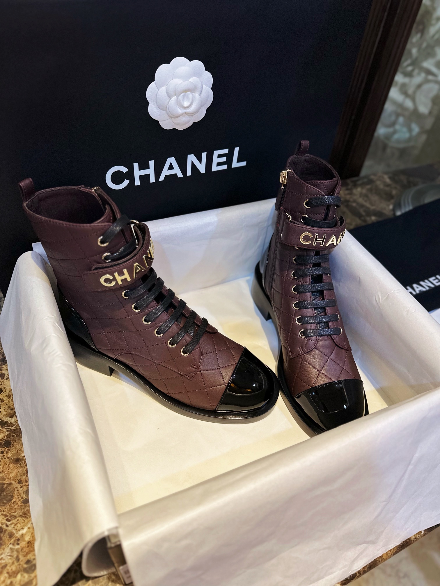 Chanel  23a Burgundy Sheepskin Letter Moto Boots