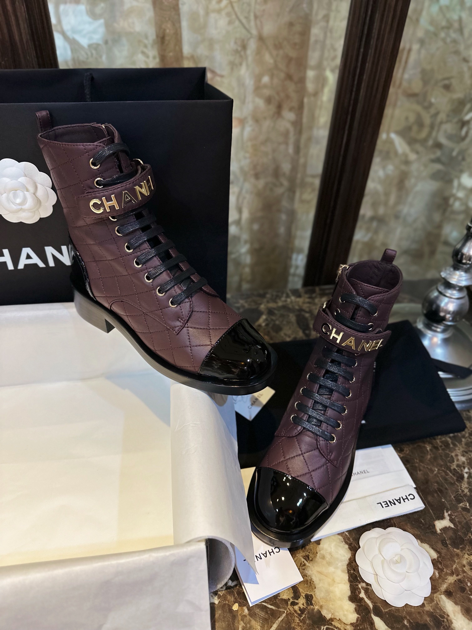 Chanel  23a Burgundy Sheepskin Letter Moto Boots