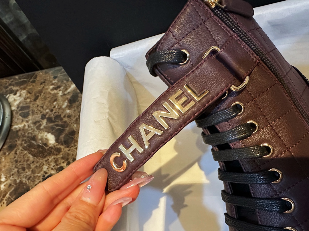 Chanel  23a Burgundy Sheepskin Letter Moto Boots