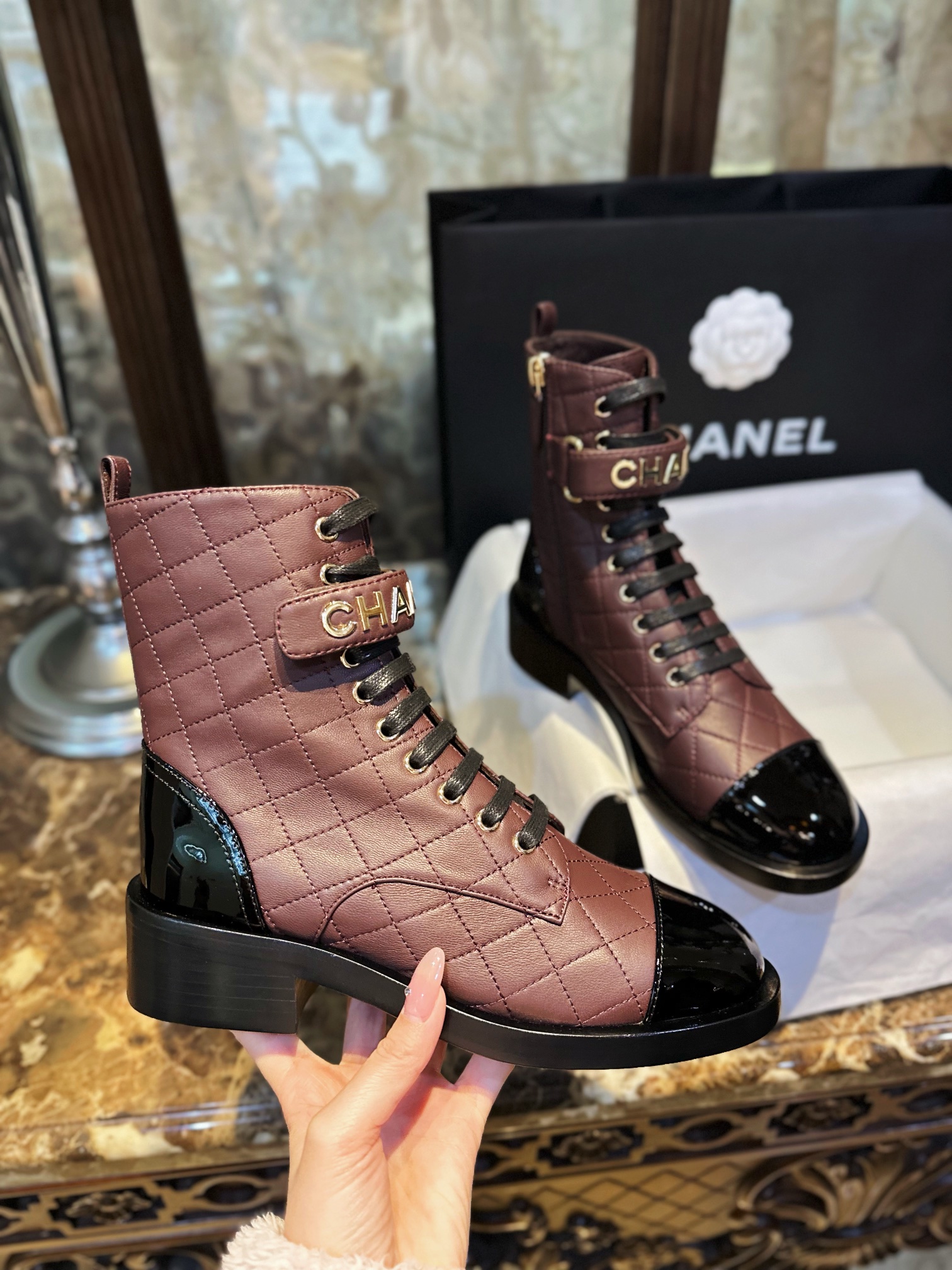 Chanel  23a Burgundy Sheepskin Letter Moto Boots