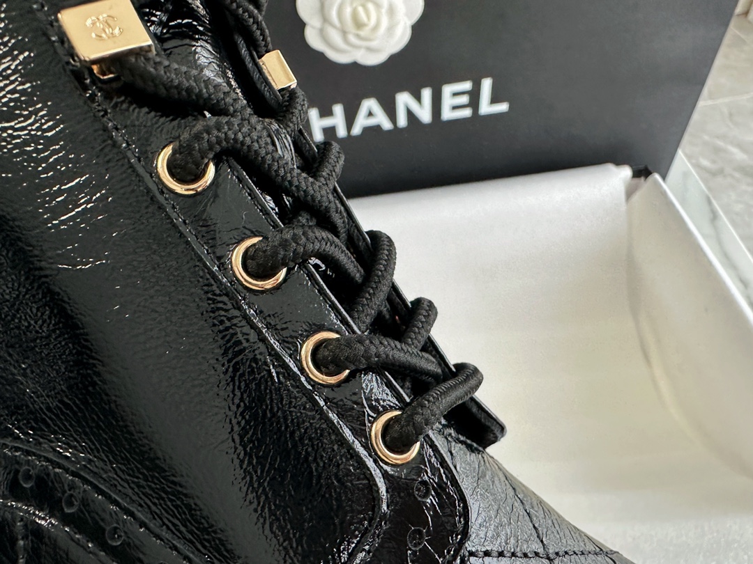 Chanel  23b Wrinkled Patent Leather Lace-Up Boots