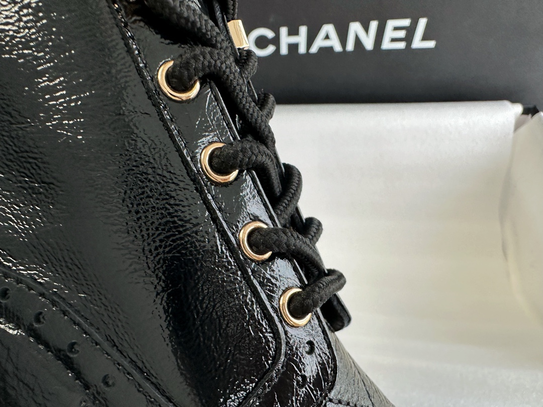 Chanel  23b Wrinkled Patent Leather Lace-Up Boots