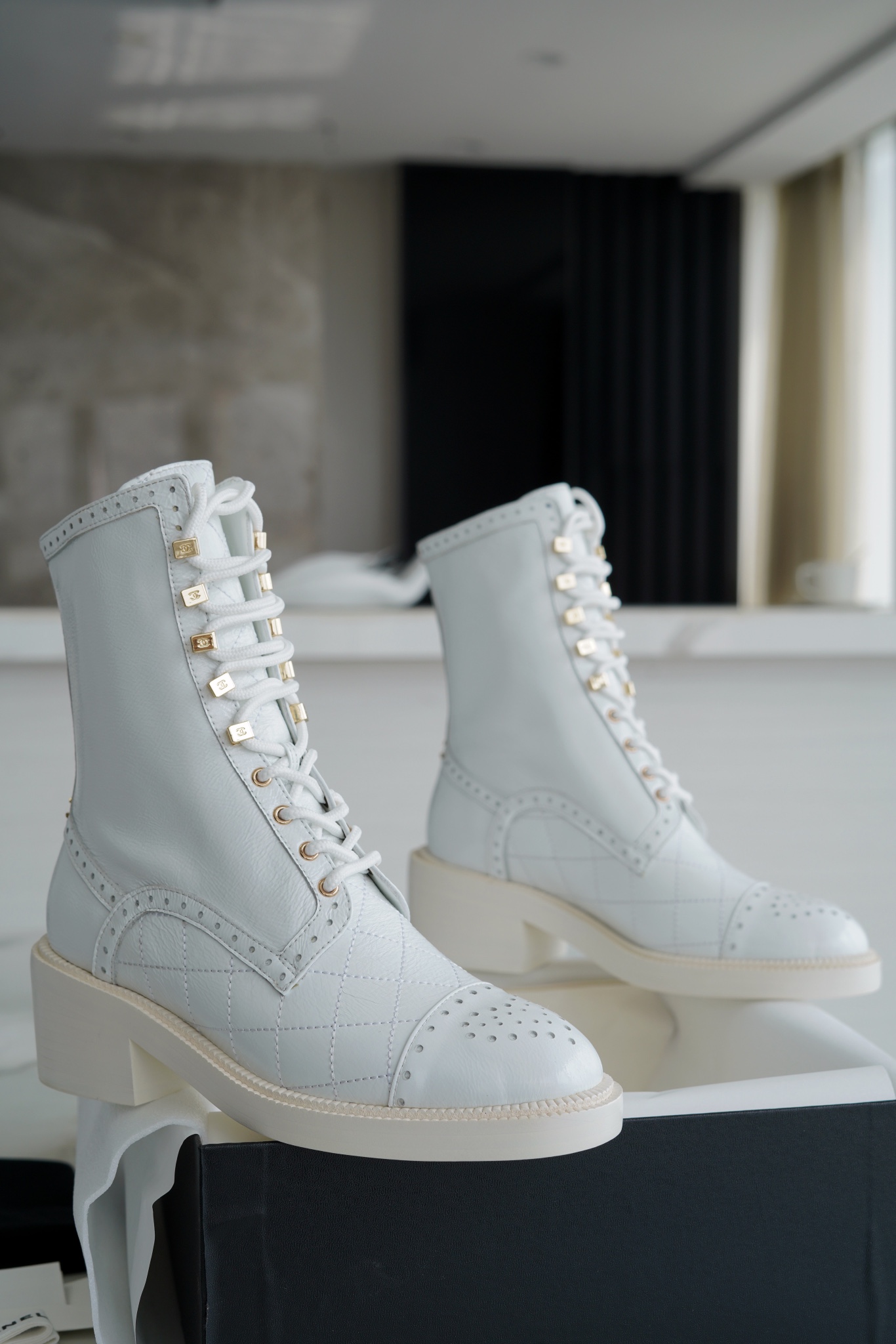 Chanel  23b White Lace-Up Boots