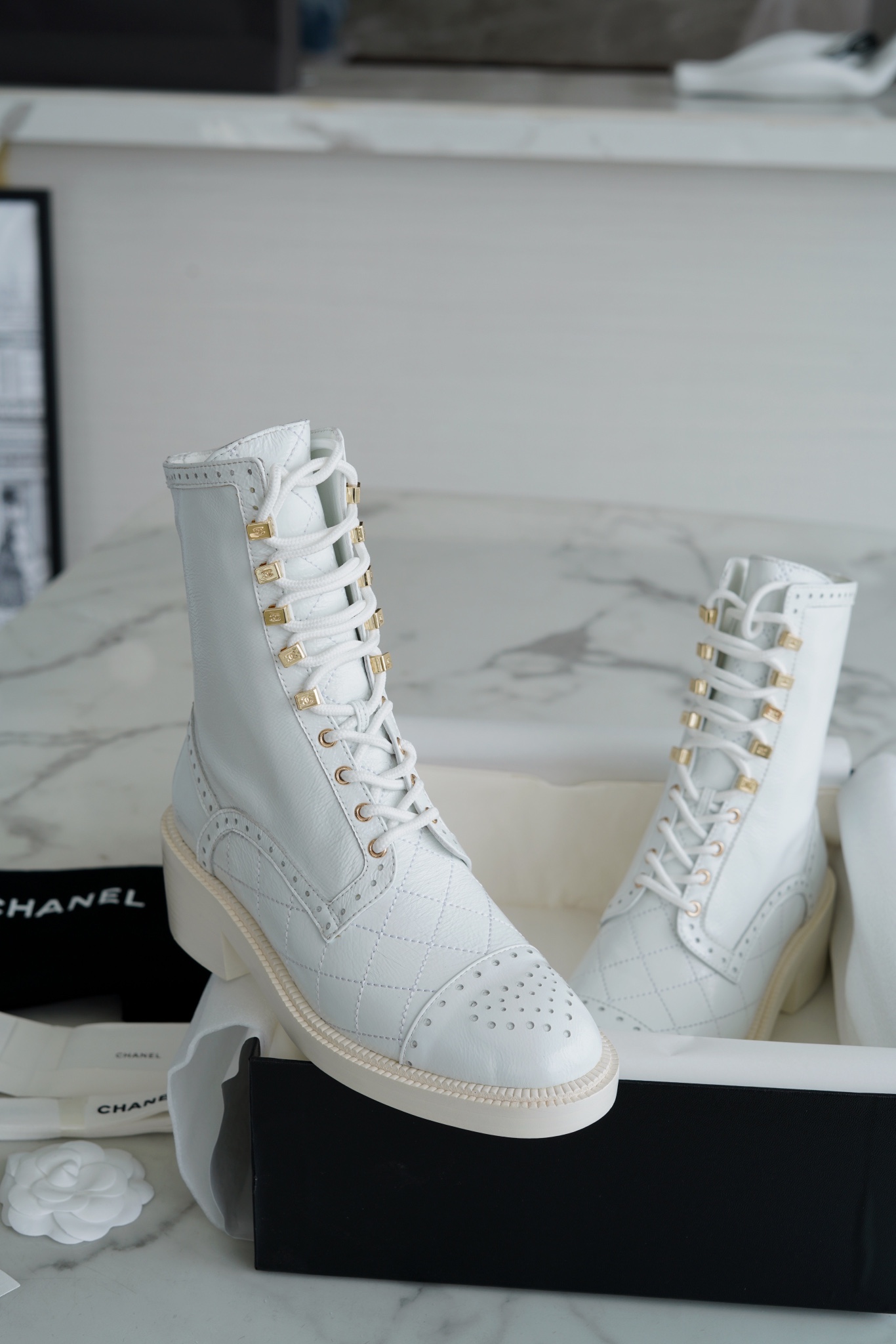 Chanel  23b White Lace-Up Boots