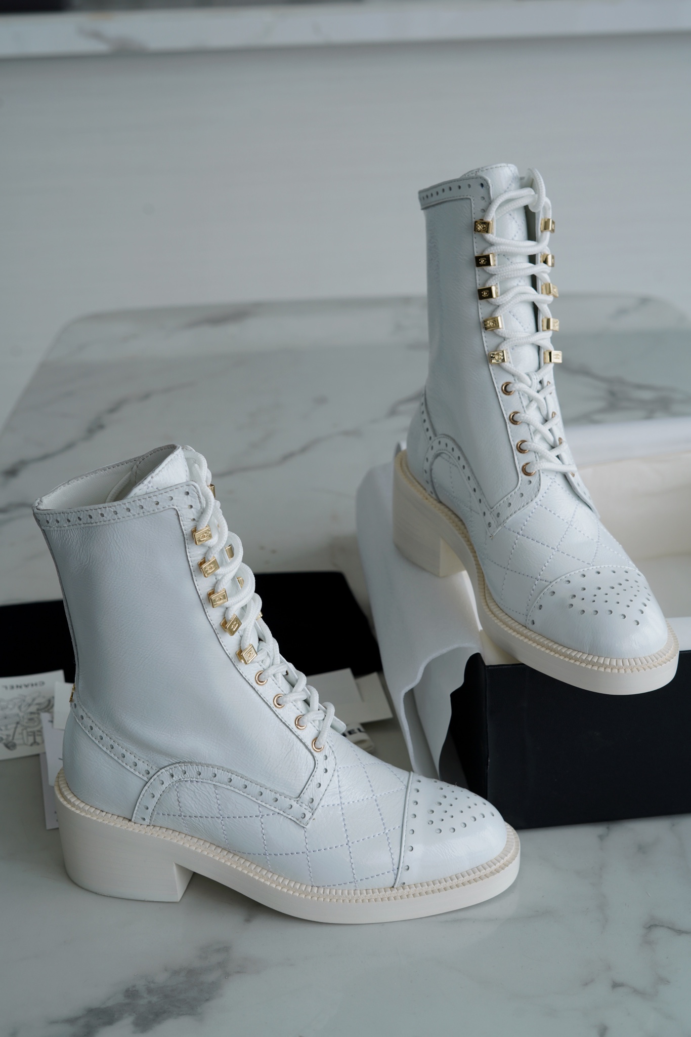 Chanel  23b White Lace-Up Boots