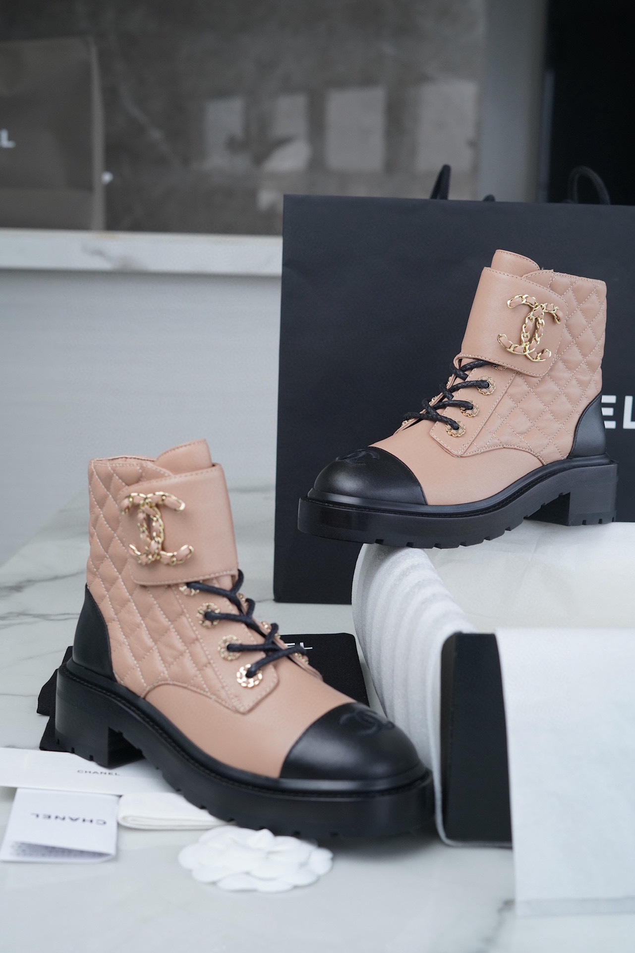 Chanel  Apricot Sheepskin Diamond Martin Boot