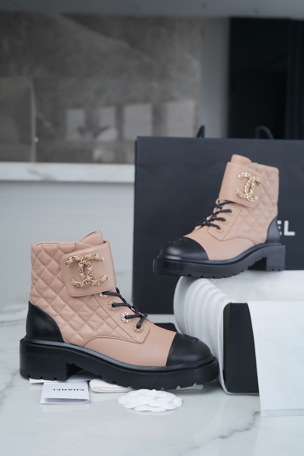 Chanel  Apricot Sheepskin Diamond Martin Boot