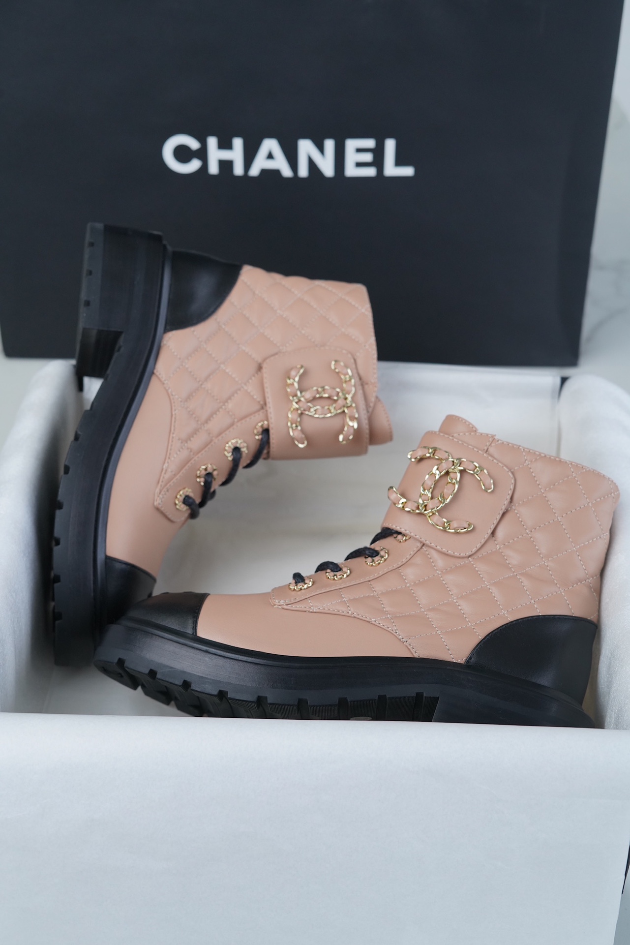 Chanel  Apricot Sheepskin Diamond Martin Boot