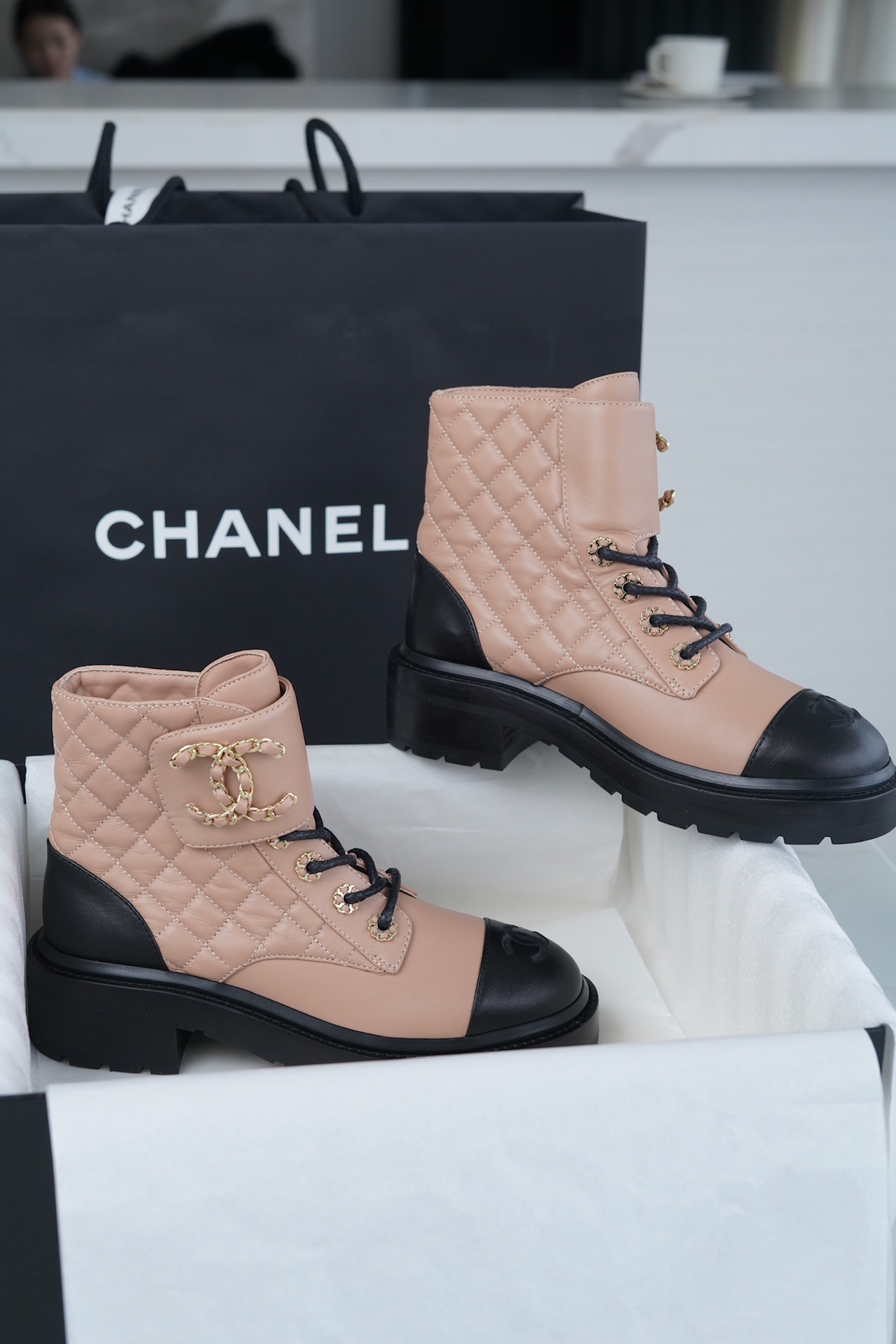 Chanel  Apricot Sheepskin Diamond Martin Boot