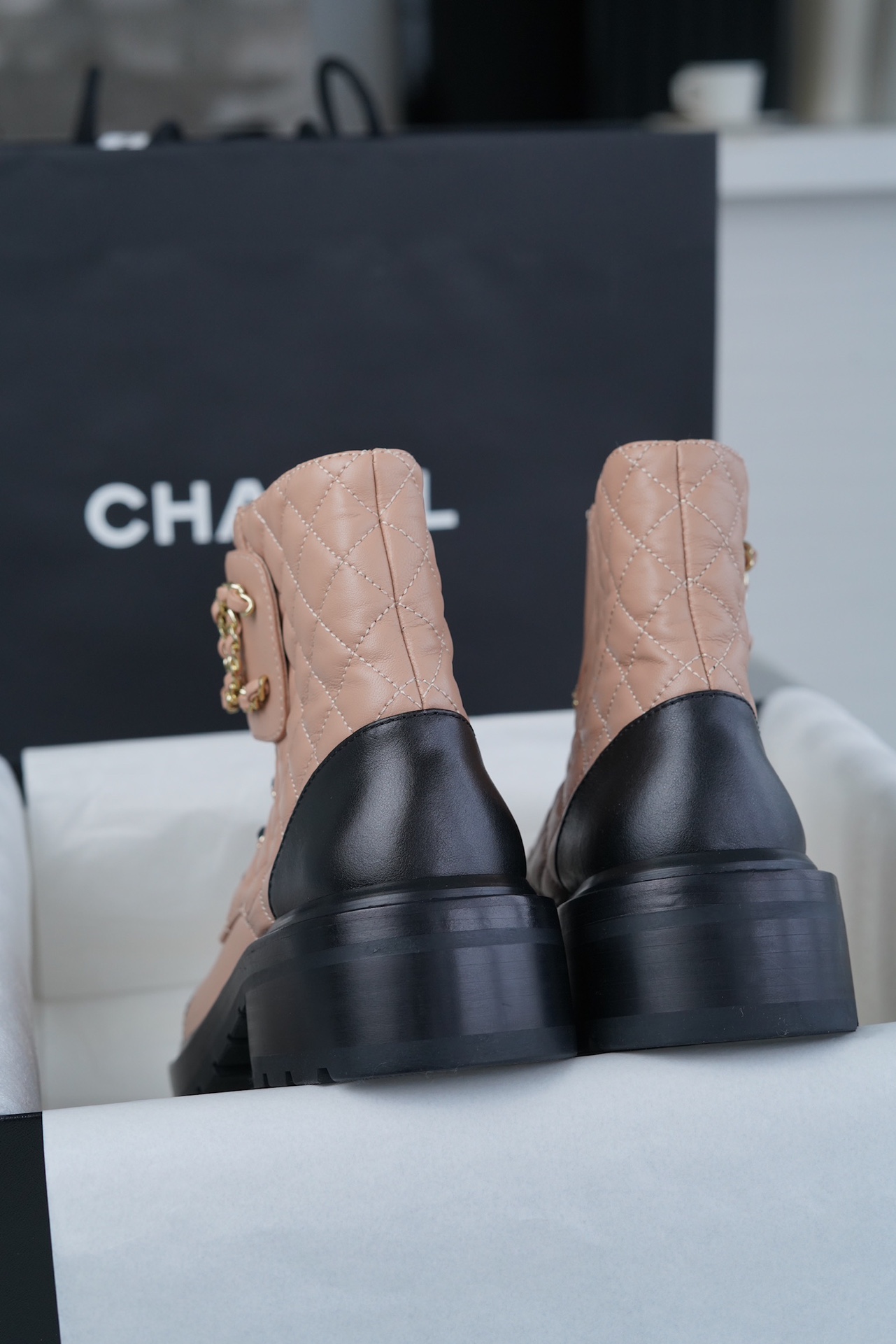 Chanel  Apricot Sheepskin Diamond Martin Boot