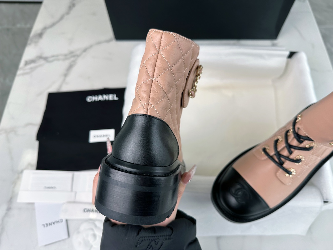 Chanel  Apricot Sheepskin Diamond Martin Boot