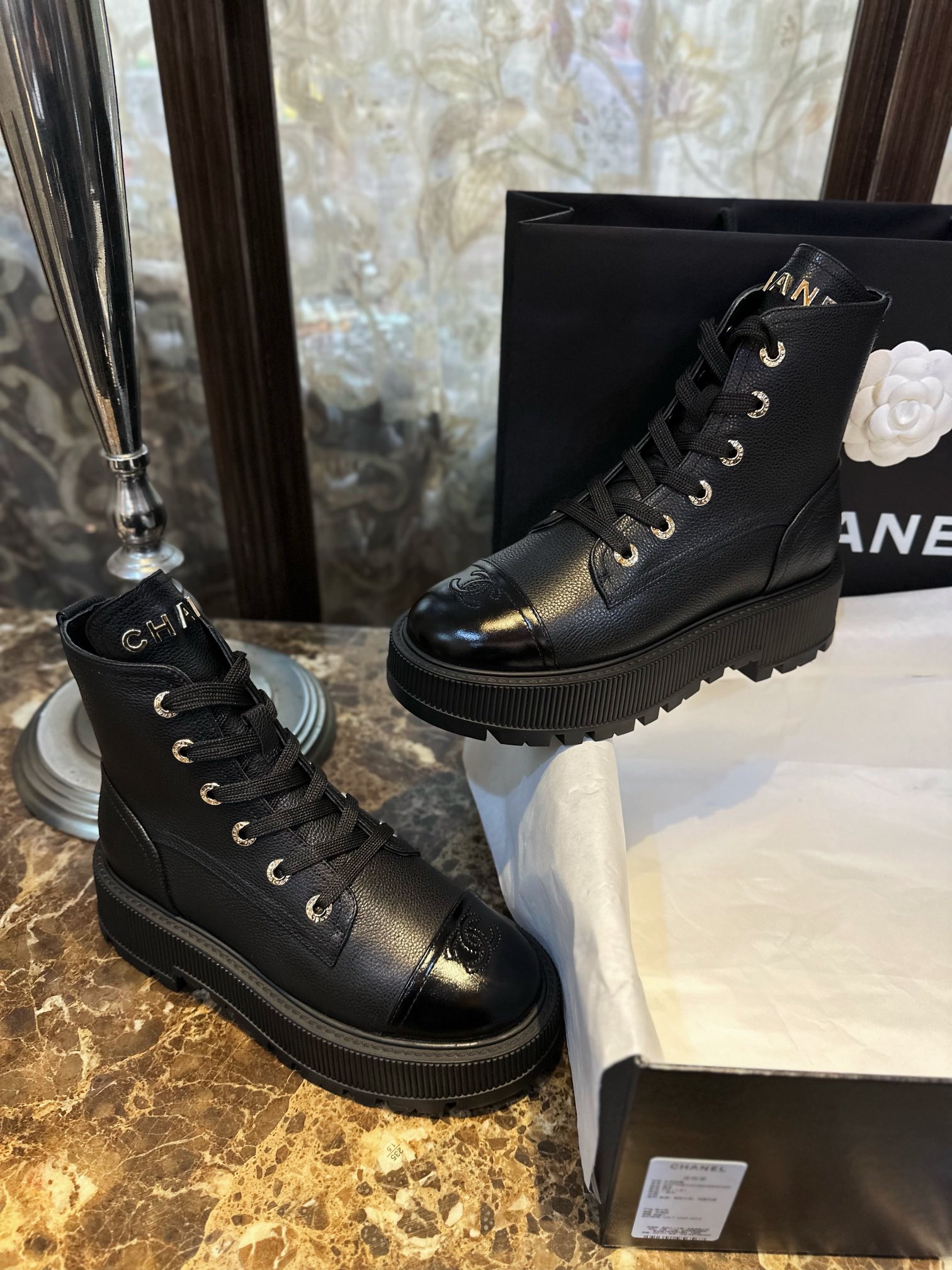 Chanel  23b Black Chunky Sole Martin Boots