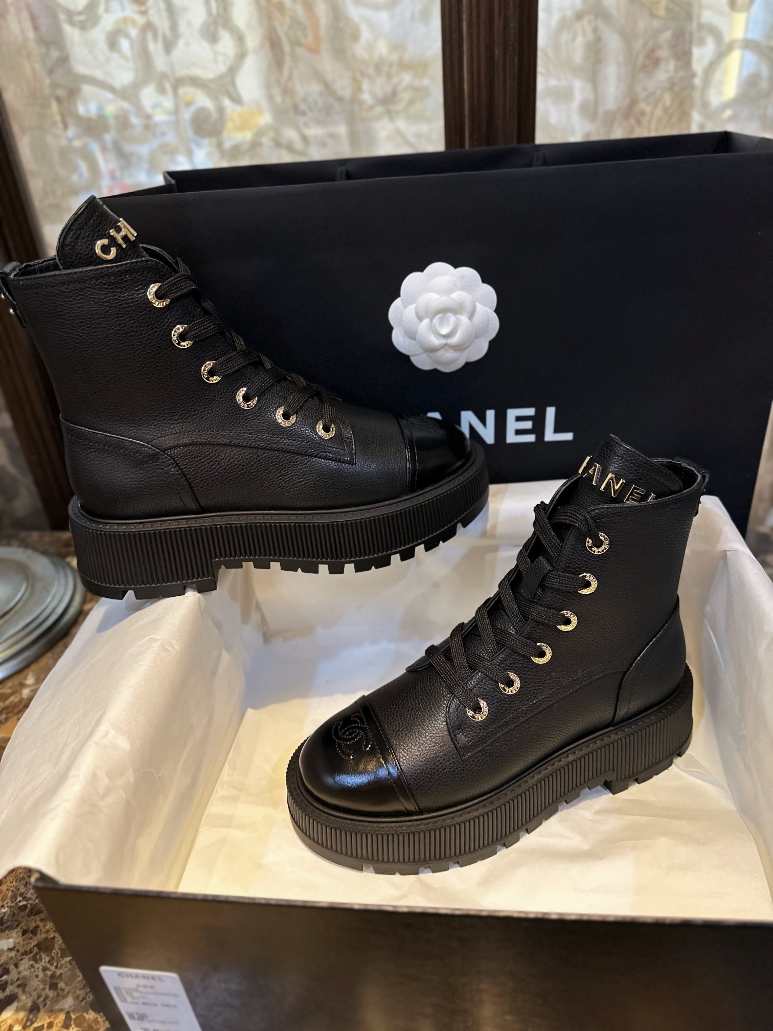 Chanel  23b Black Chunky Sole Martin Boots