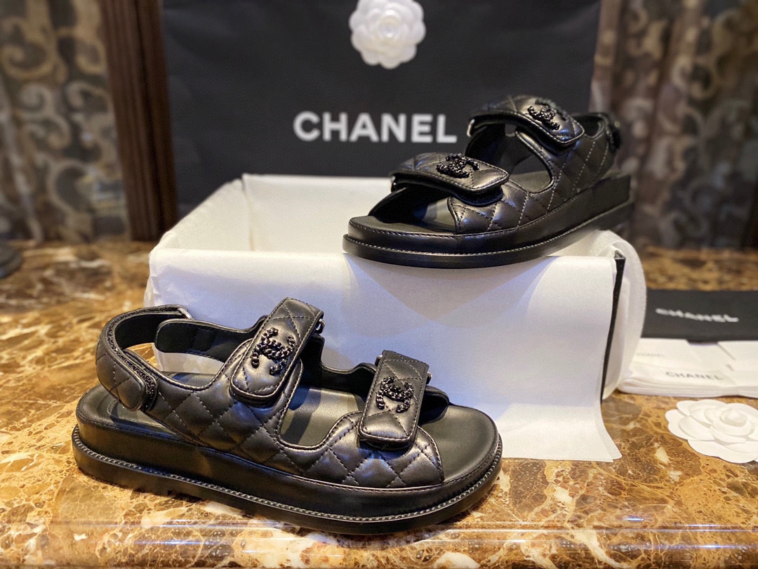 Chanel Black Sheepskin Beach Sandals