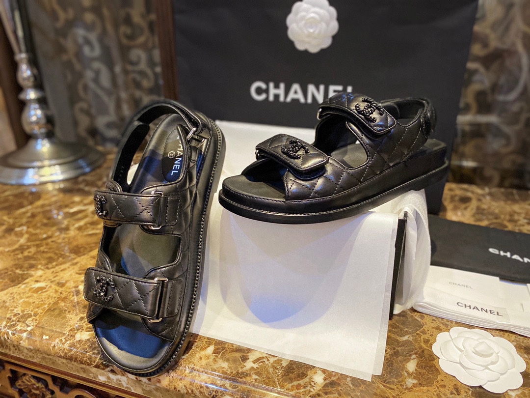 Chanel Black Sheepskin Beach Sandals