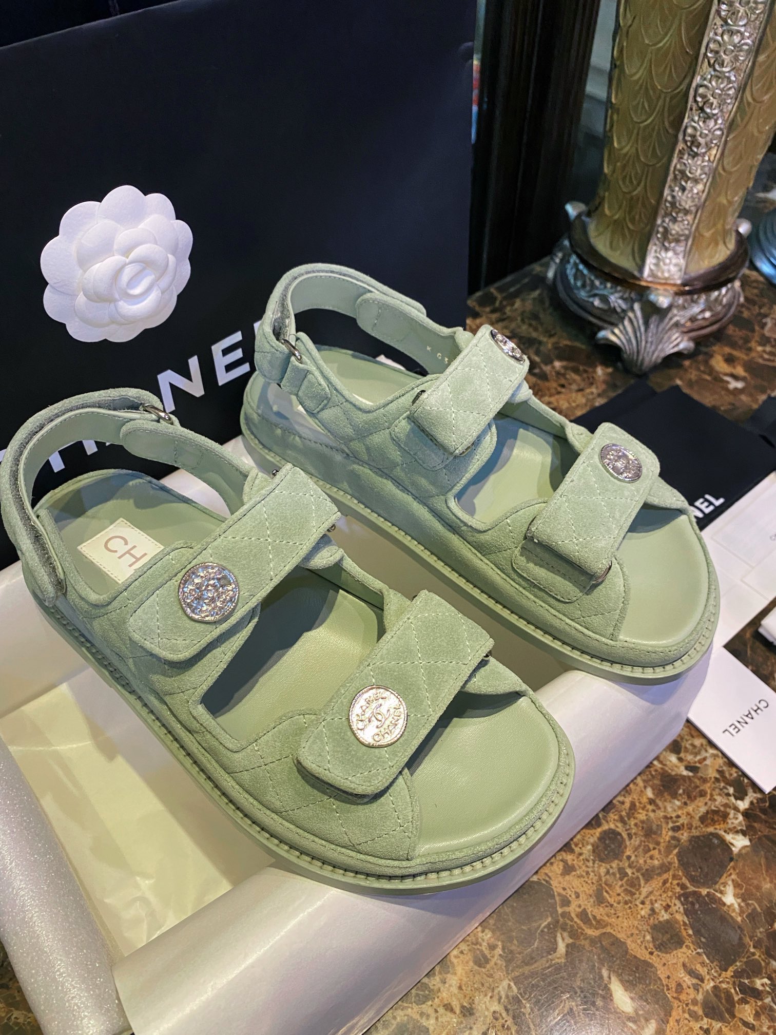 Chanel Green Suede Gold Coin Beach Sandals